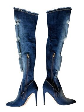 BELLO STAR Thigh High Denim Jean Tall Boots Over Knee Stiletto Distressed Sz 38